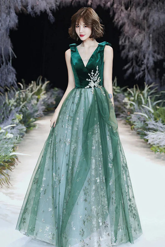 Green A-line V-Neck Tulle Long Evening Dress Prom Dress Tulle Party Dress