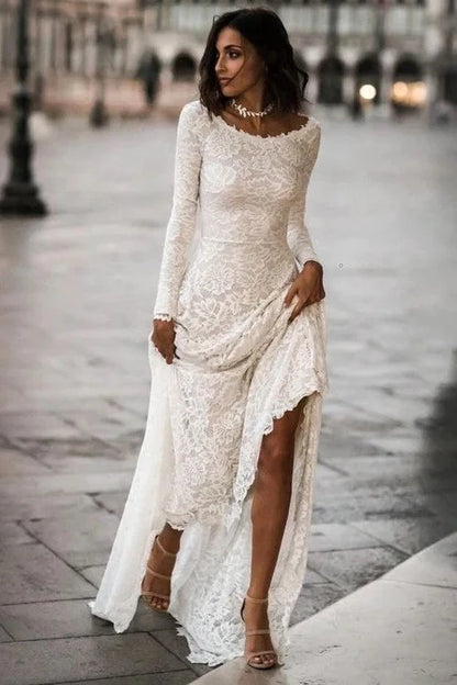 Lace Full Sleeves WeddingDress Lace Gowns with Sweep Train