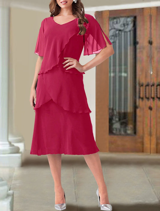 A-Line Mother of the Bride Dress Wedding Guest Elegant V Neck Tea Length Chiffon Short Sleeve with Ruffles