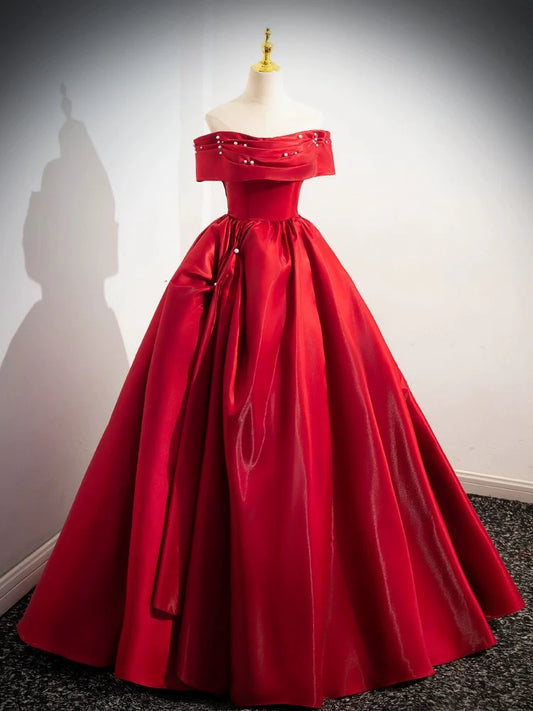 A-Line Off Shoulder Satin Red Ballgown Long Prom Dress Evening Dress