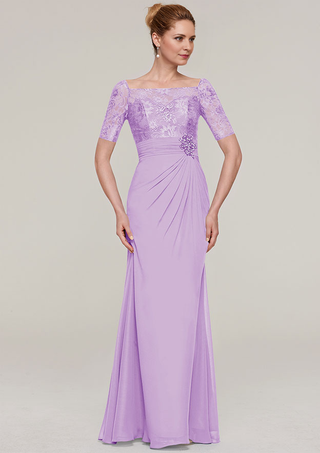 Short Sleeve Long/Floor-Length Chiffon Mother of the Bride Dresses With Pleated Appliqued Beading