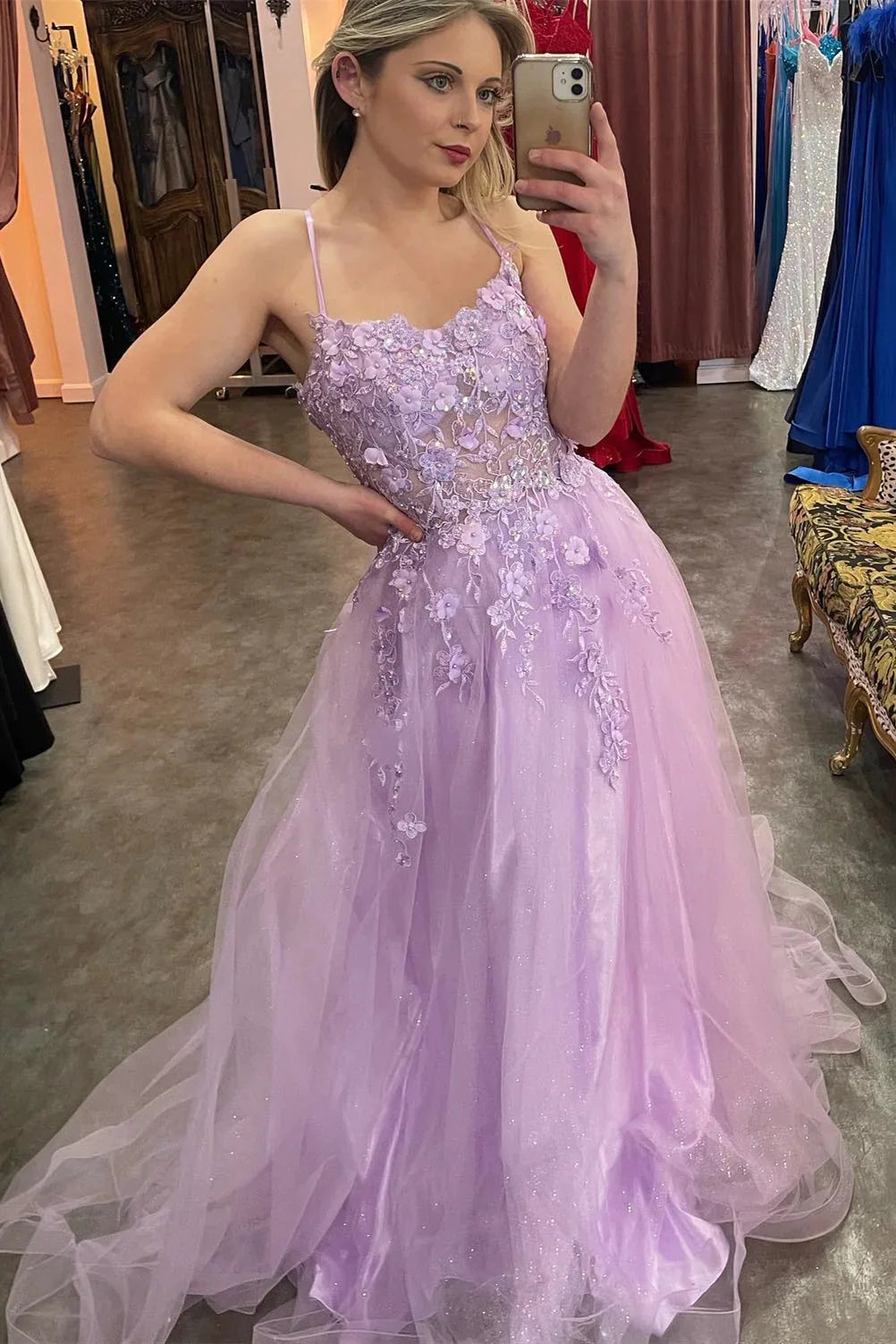 Lilac Appliques Straps A-line Long Prom Dress