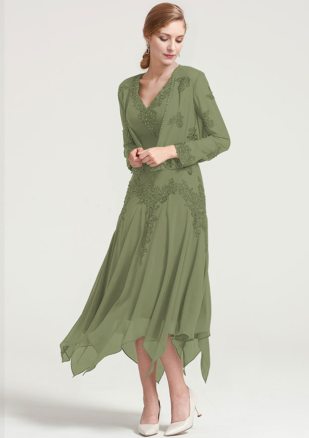 A-line V NeckTea-Length Chiffon Mother of the Bride Dress With Jacket Appliqued Beading