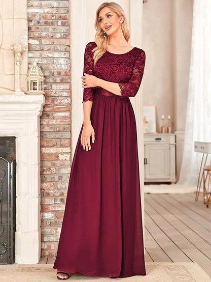 Elegant Round Neck A Line See-Through Lace Bridesmaid Dress