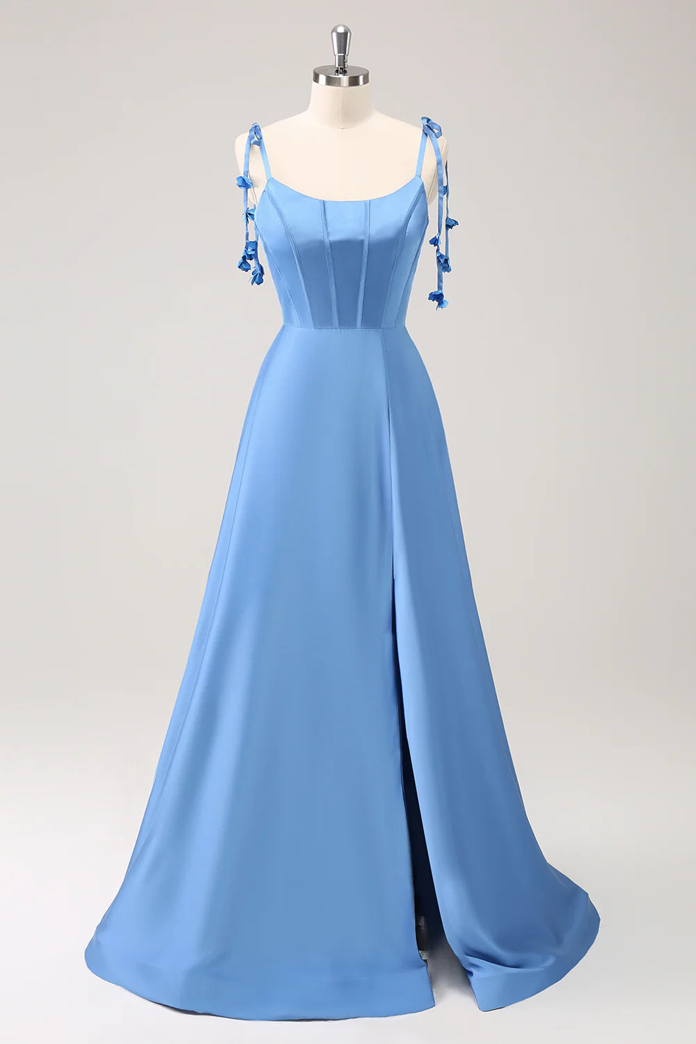 A Line Spaghetti Straps Satin Floor Length Prom Dress with Slit