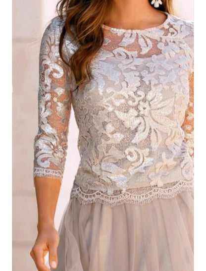 A-Line Mother of the Bride Dress Wedding Guest Elegant See Through Jewel Neck Knee Length Lace Tulle