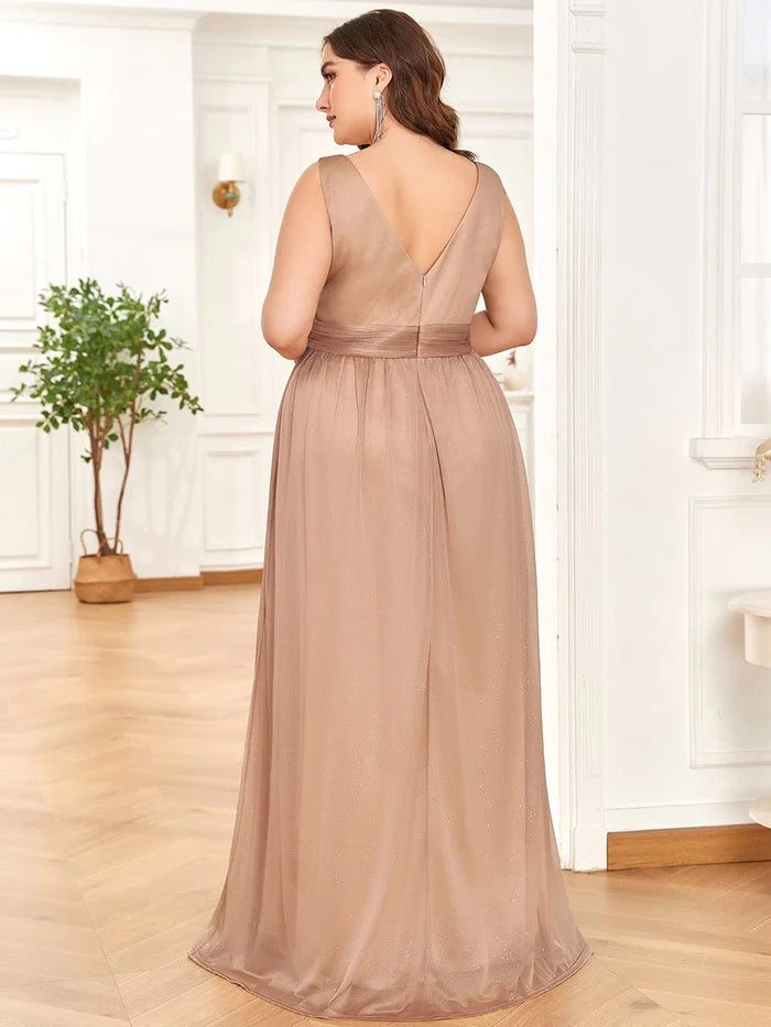 Maxi Double V Neck Floor Length Sparkly Wedding Guest Dress