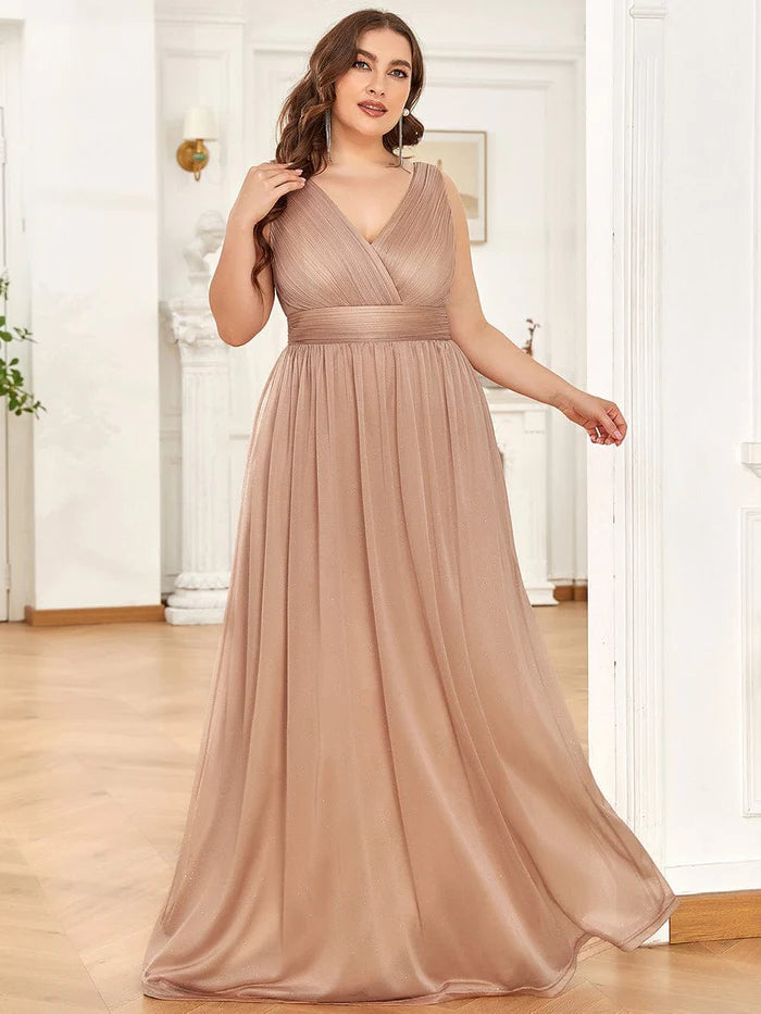 Maxi Double V Neck Floor Length Sparkly Wedding Guest Dress