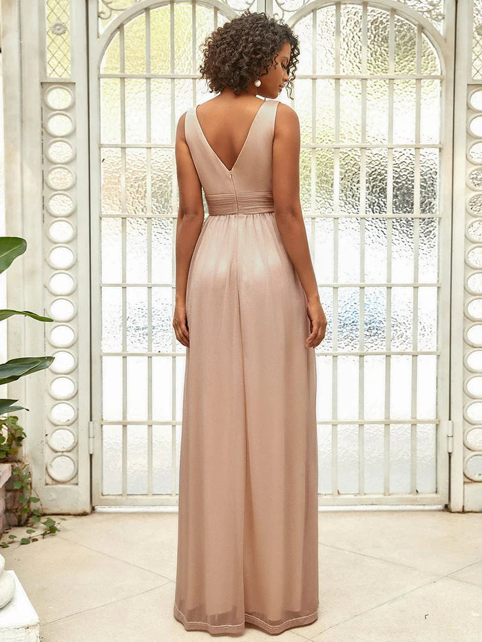 Maxi Double V Neck Floor Length Sparkly Wedding Guest Dress