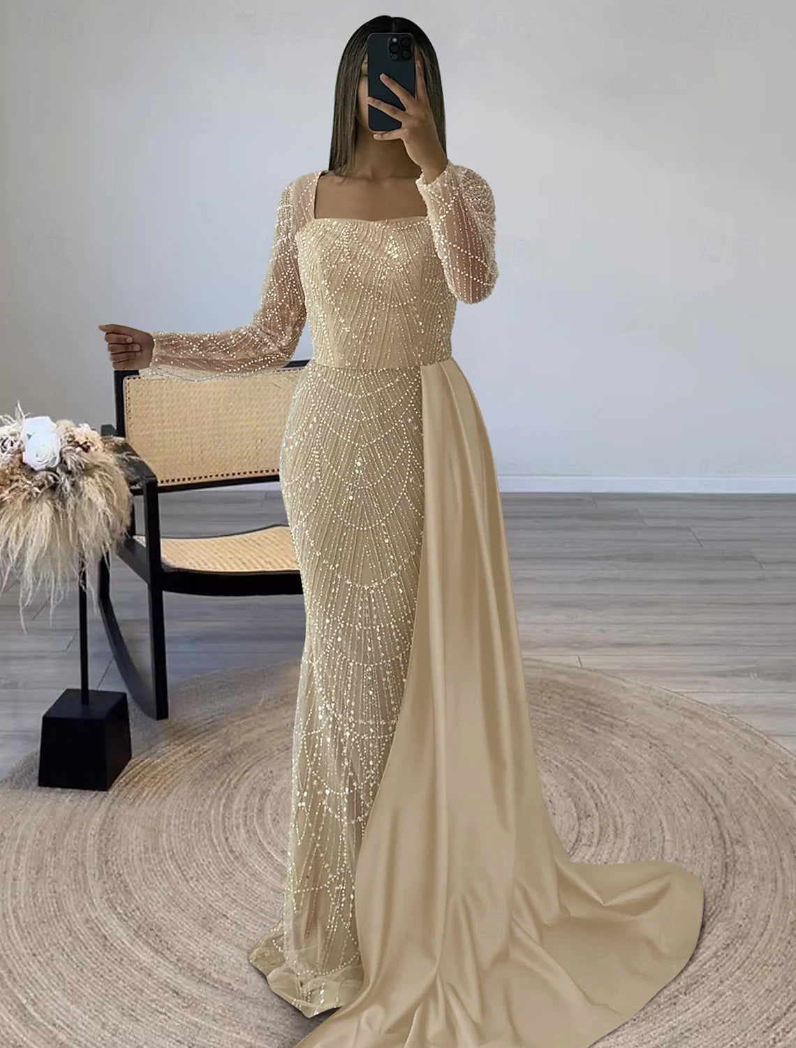 Mermaid / Trumpet Evening Gown Formal Floor Length Long Sleeve Square Neck Sequined with Glitter Slit