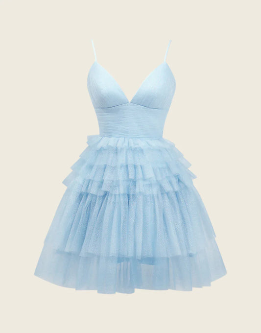 Cute A-Line Deep V Neck Tulle Tiered Homecoming Dress