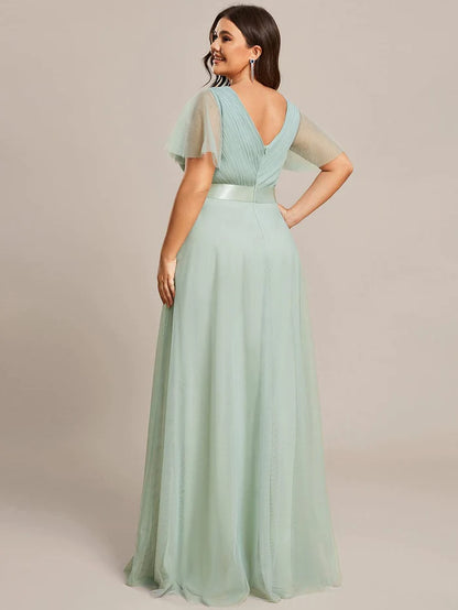 Double V-Neck Tulle Floor-Length Bridesmaid Dress