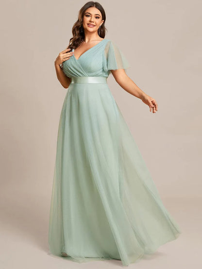 Double V-Neck Tulle Floor-Length Bridesmaid Dress