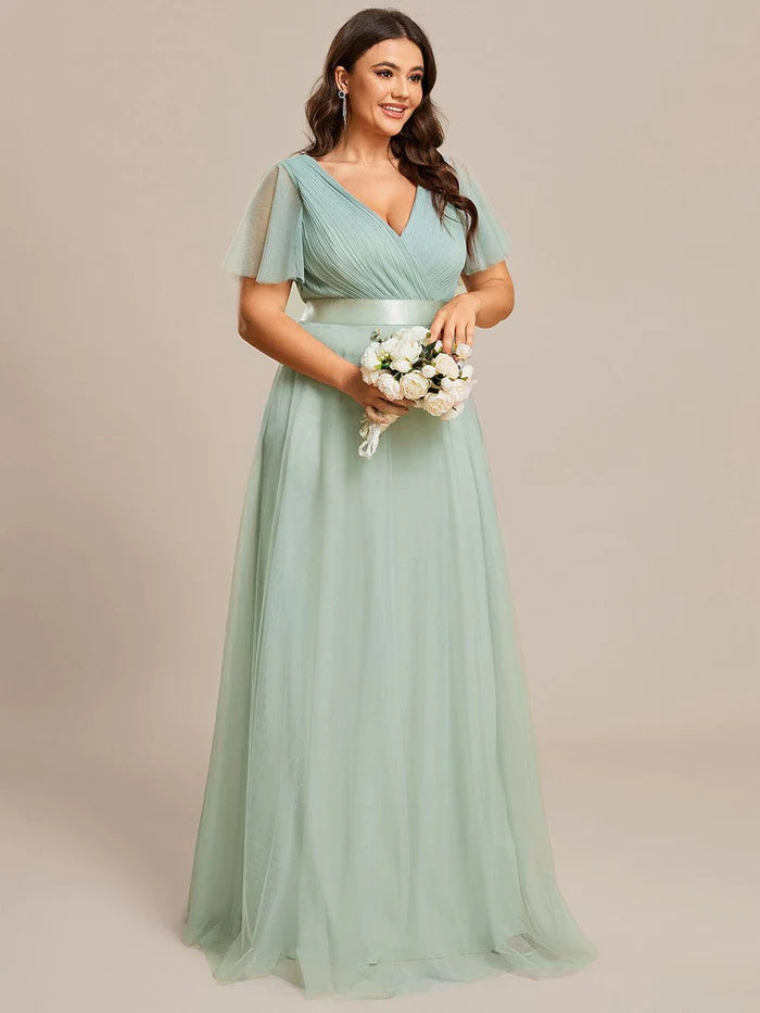 Double V-Neck Tulle Floor-Length Bridesmaid Dress