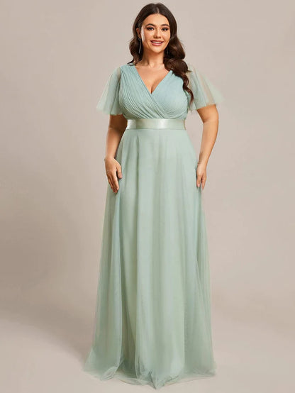 Double V-Neck Tulle Floor-Length Bridesmaid Dress