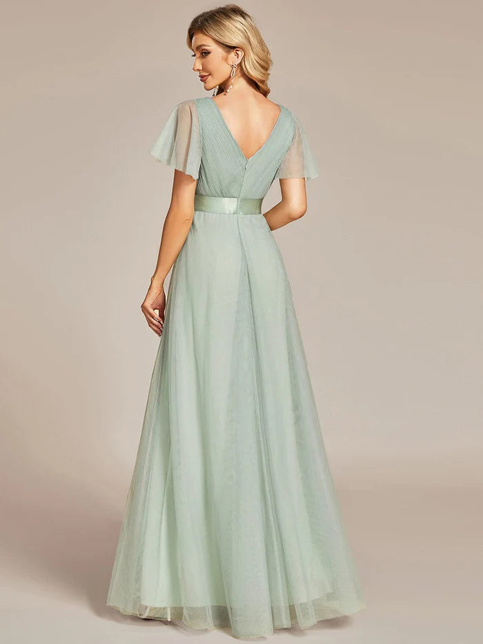 Double V-Neck Tulle Floor-Length Bridesmaid Dress