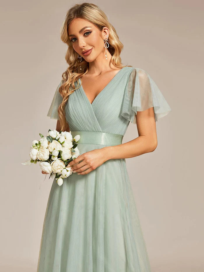 Double V-Neck Tulle Floor-Length Bridesmaid Dress