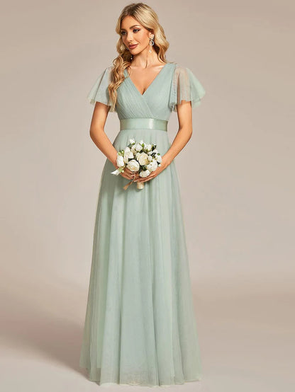 Double V-Neck Tulle Floor-Length Bridesmaid Dress