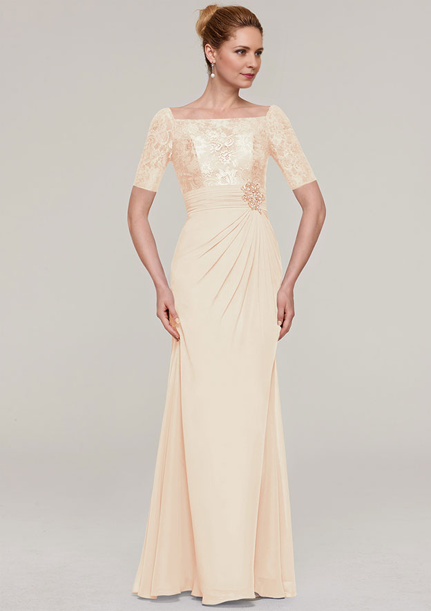 Short Sleeve Long/Floor-Length Chiffon Mother of the Bride Dresses With Pleated Appliqued Beading