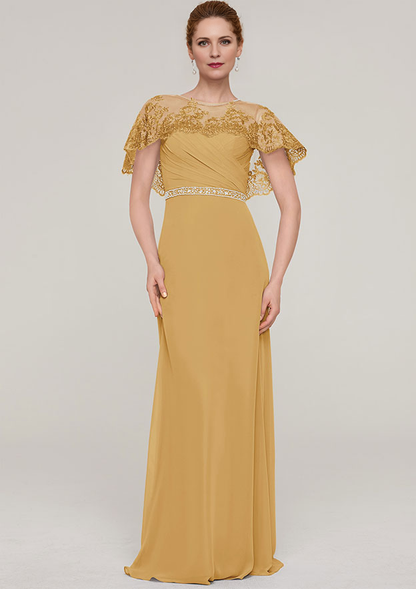 Sheath/Column Bateau Short Sleeve Long/Floor-Length Chiffon Mother of the Bride Dresses With Beading Appliqued