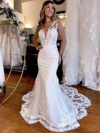 Mermaid V-Neck Removable Long Sleeves Wedding Dress With Appliques