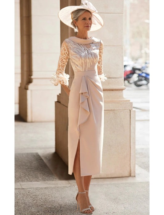 Sheath / Column Mother of the Bride Dress High Neck Tea Length Stretch Fabric 3/4 Length Sleeve with Feather Lace Pleats