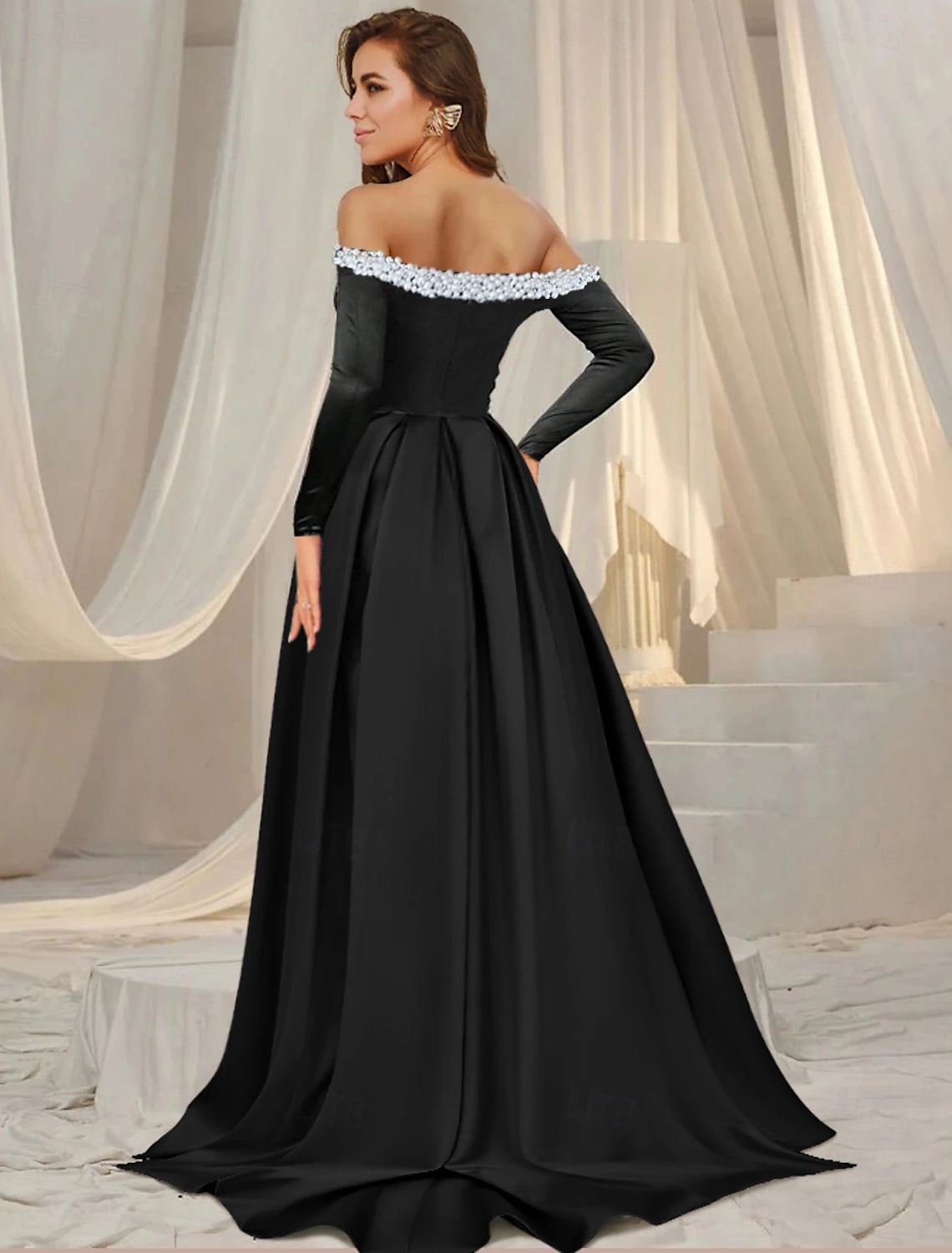 A-Line Evening Gown Floor Length Long Sleeve Off Shoulder Pocket Satin with Pearls