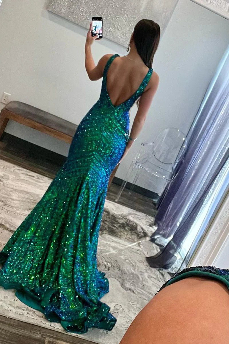 Mermaid Deep V Neck Dark Green Sequins Long Prom Dresses