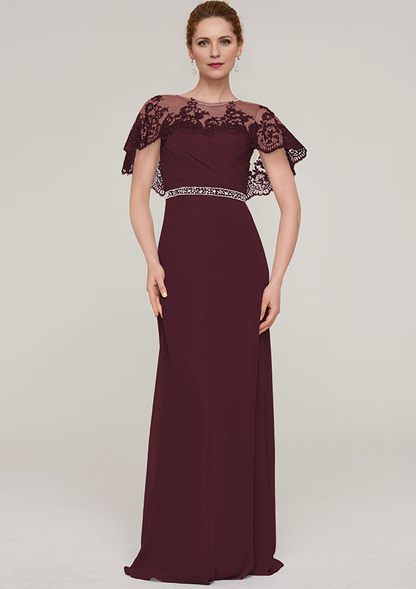 Sheath/Column Bateau Short Sleeve Long/Floor-Length Chiffon Mother of the Bride Dresses With Beading Appliqued