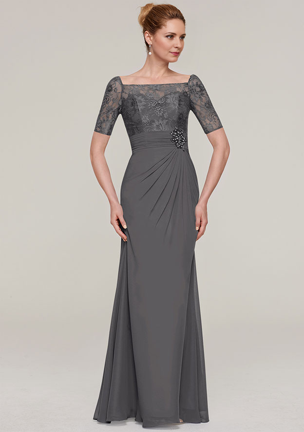 Short Sleeve Long/Floor-Length Chiffon Mother of the Bride Dresses With Pleated Appliqued Beading