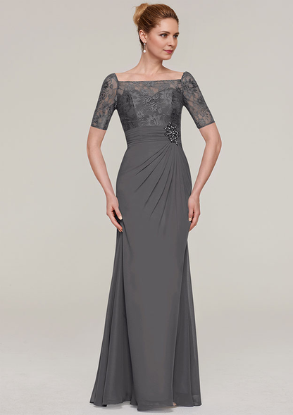 Short Sleeve Long/Floor-Length Chiffon Mother of the Bride Dresses With Pleated Appliqued Beading