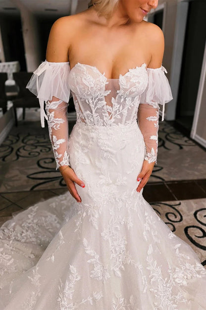 White Floral Lace Sweetheart Mermaid Wedding Dress with Detachable Sleeves Chapel Train Dress