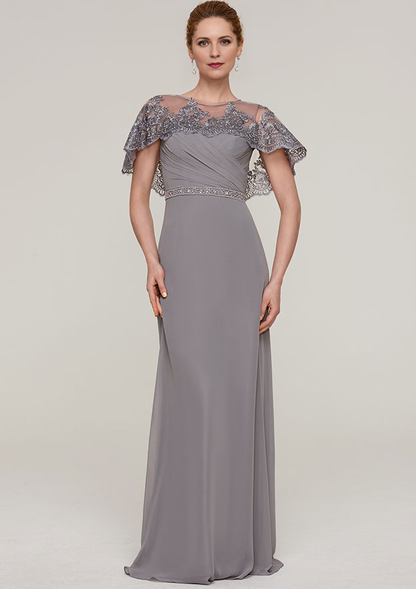 Sheath/Column Bateau Short Sleeve Long/Floor-Length Chiffon Mother of the Bride Dresses With Beading Appliqued