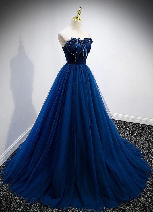 A-Line Princess Blue Sweetheart Tulle and Velvet Long Party Dress Evening Dress Prom Dress