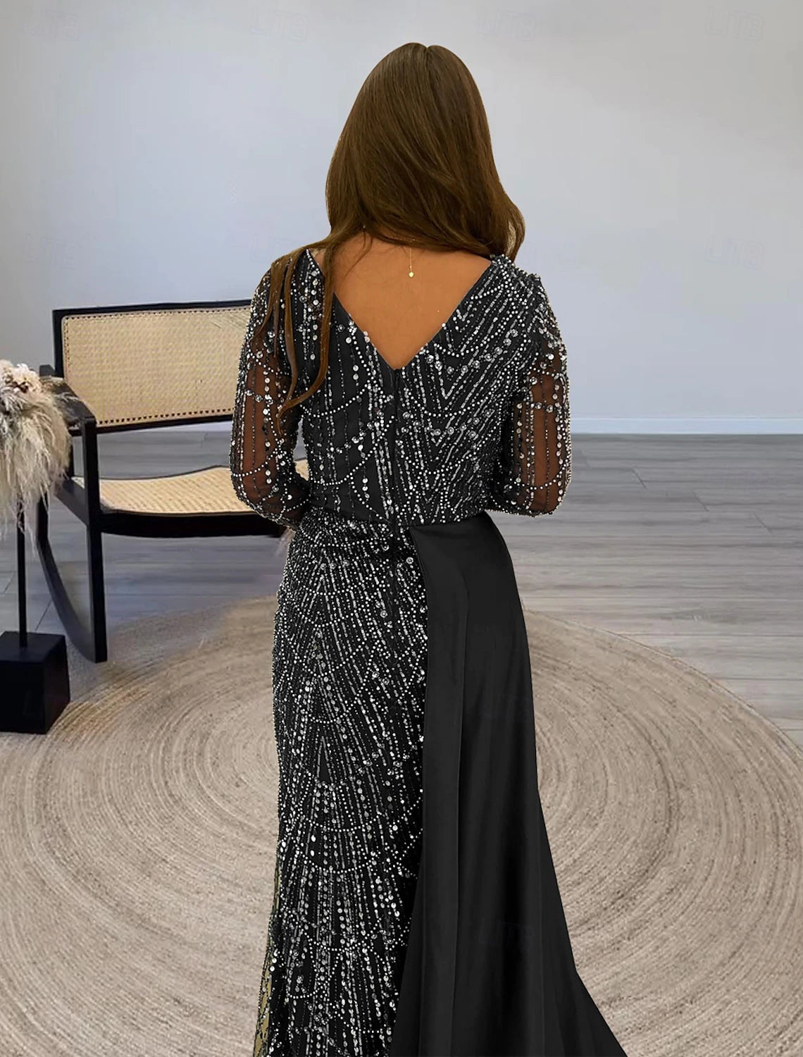 Mermaid / Trumpet Evening Gown Formal Floor Length Long Sleeve Square Neck Sequined with Glitter Slit