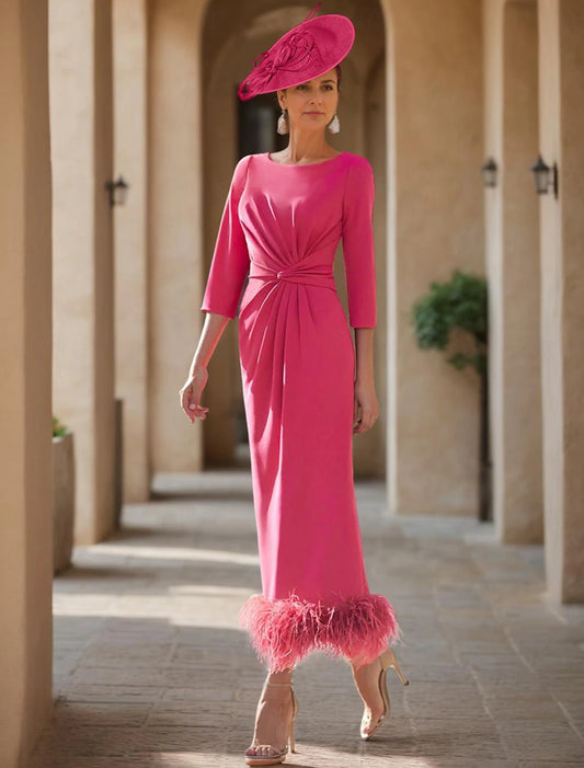 Sheath Mother of the Bride Dress Wedding Guest Elegant Jewel Neck Ankle Length Stretch Fabric Half Sleeve with Feather