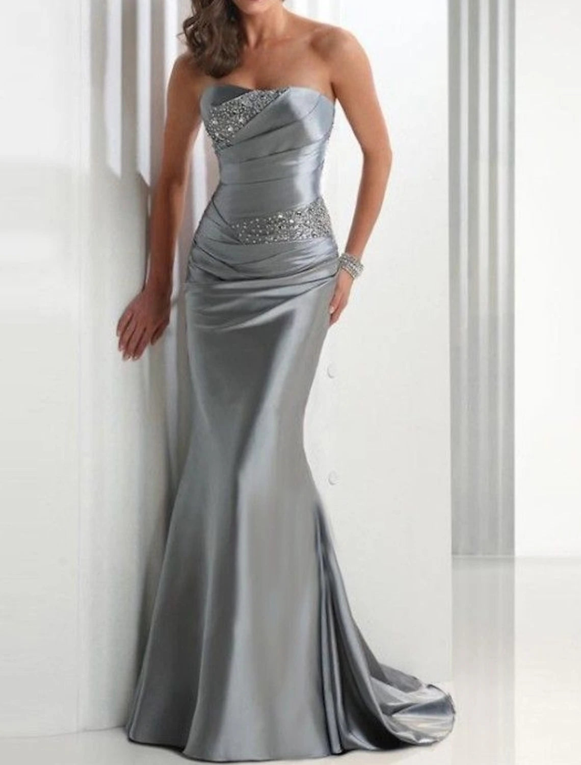 Mermaid Wedding Guest Formal Evening Dress Strapless Sleeveless Sweep / Brush Train Satin with Crystals