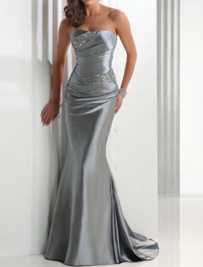 Mermaid Wedding Guest Formal Evening Dress Strapless Sleeveless Sweep / Brush Train Satin with Crystals