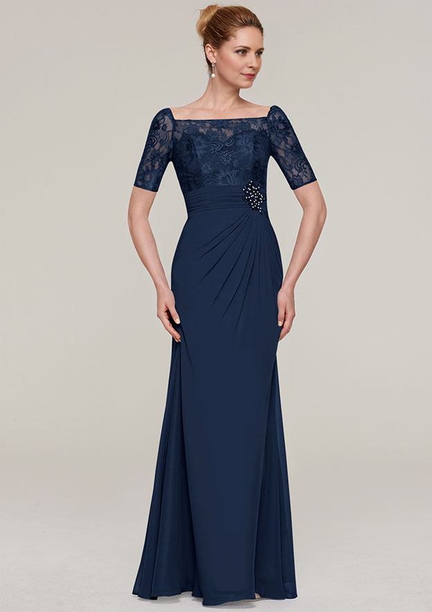 Short Sleeve Long/Floor-Length Chiffon Mother of the Bride Dresses With Pleated Appliqued Beading