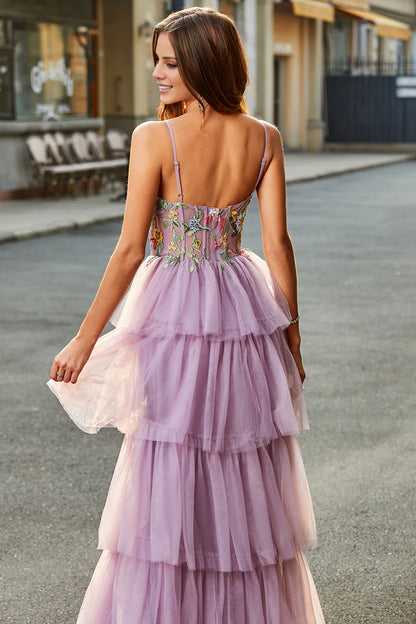 A-Line Tulle Long Corset Tiered Mauve Prom Dress With Appliques