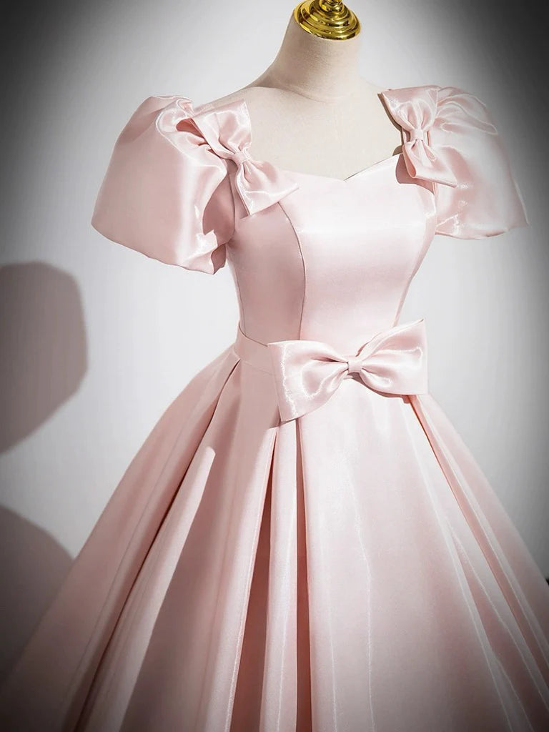 A-Line Satin Pink Quinceanera Dress Long Prom Dress With Bows