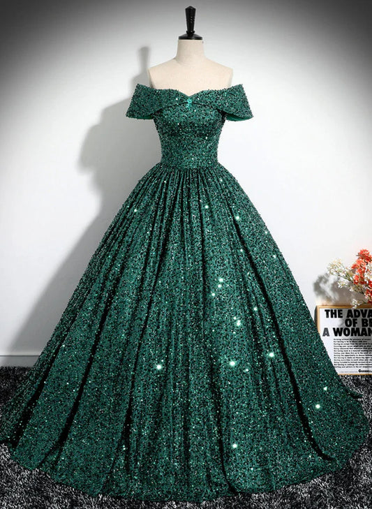 A-Line Princess Glitter Dark Green Sequins Off Shoulder Ball Gown Prom Dress Formal Dress