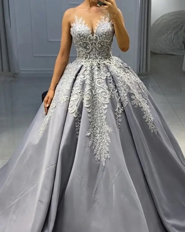 Silver Wedding Dress Satin Ball Gown Lace Embroidery A-Line Princess Prom Dresses