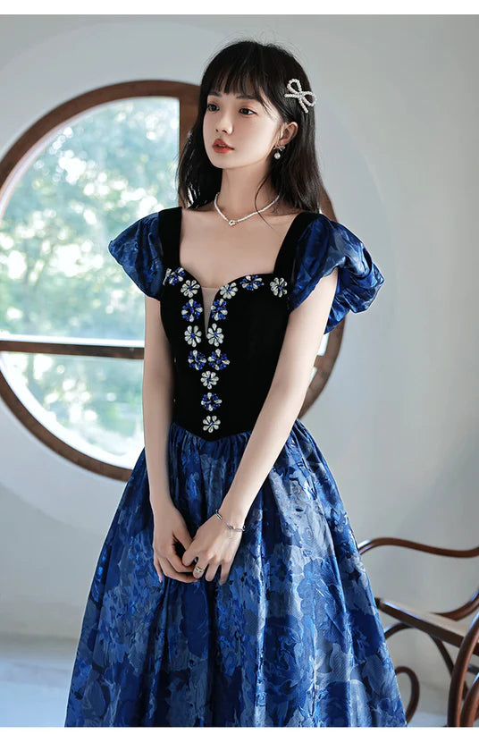 Blue Floral Satin Sweetheart Floor Length Evening Dress Prom Dress