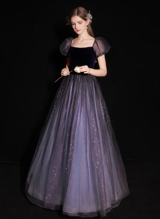 A-line Glitter Purple Bubble Sleeved Ballgown Tulle and Velvet Long Prom Dress