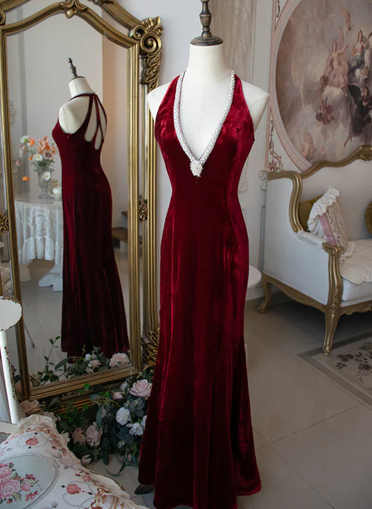 Wine Red Velvet Deep V-Neck Mermaid Beaded Long Party Dress Prom Dress