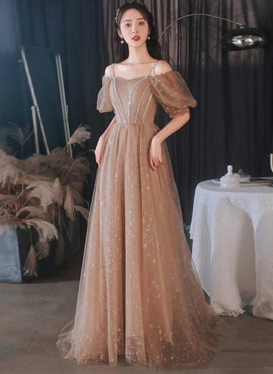 A-line Champagne Tulle Off Shoulder Long Party Dress Formal Dress Prom Dress