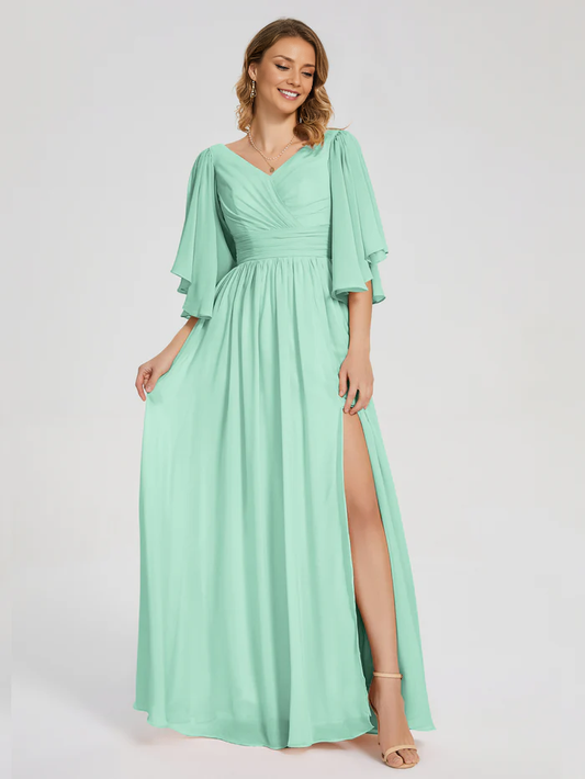 A-Line V-neck Half Sleeves Slit Chiffon Bridesmaid Dress Wedding Guest Party Dress