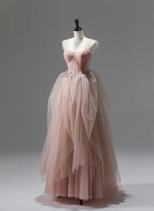 A-Line Princess Pink Tulle Beaded Long Party Dress Prom Dress Floor Length Formal Dress