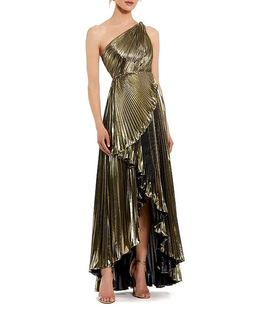 Metallic Pleated One Shoulder Sleeveless Faux Wrap Ruffle Hem High Low Gown Cocktail Dresses